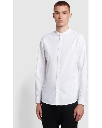 Farah White Grandad Shirt - Brewer Slim Fit Organic Cotton Long Sleeve Shirt