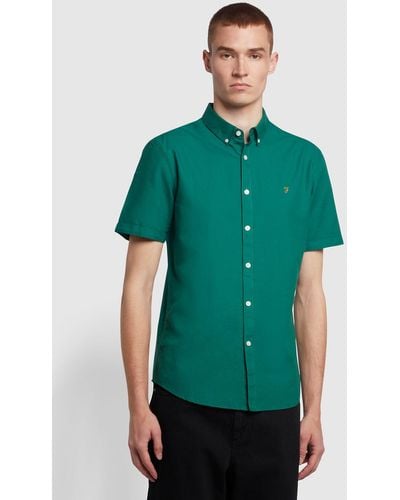 Farah Brewer Slim Fit Short Sleeve Organic Cotton Oxford Shirt - Green