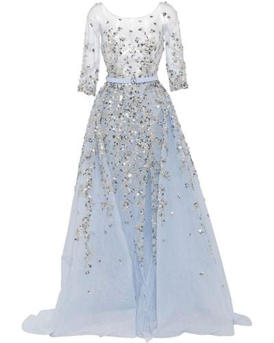 Saiid Kobeisy Beaded Tulle Belted Gown - Blue