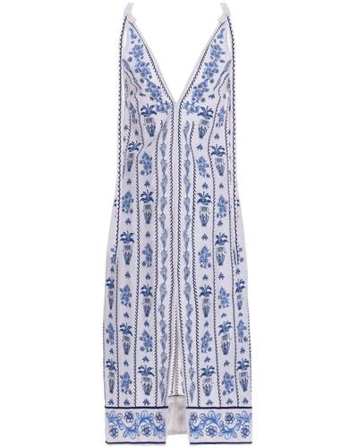 Agua Bendita Suspiro Embroidered Linen Dress - Blue