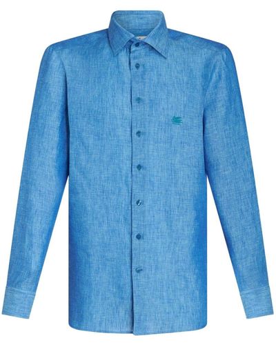 Etro Pegaso-Embroidered Mélange-Effect Shirt - Blue