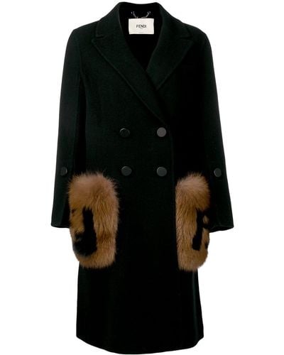 Fendi Double Breasted Wool Coat With Genuine Fox Fur Logo Pockets - Black