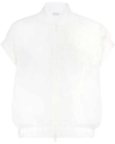 Brunello Cucinelli Floral-applique Short-sleeve Bomber Jacket - White
