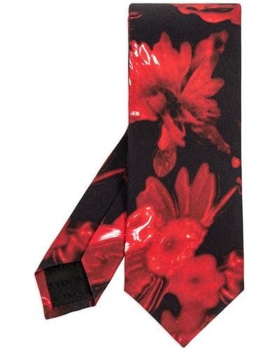 Alexander McQueen Floral Print Silk Tie - Red