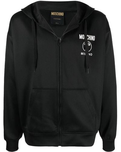 Moschino Logo Tape Zip Front Hoodie - Black