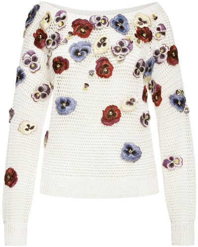 Oscar de la Renta Floral-applique Knitted Top - Natural