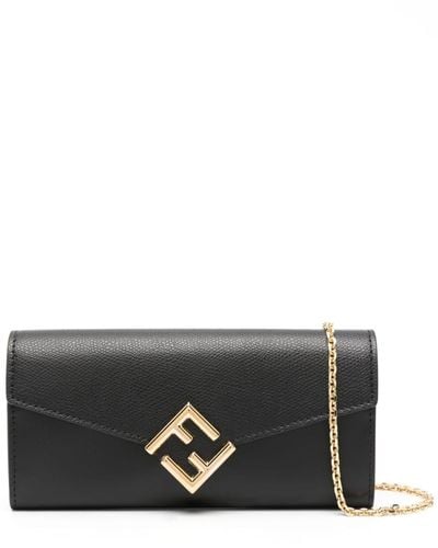 Fendi Ff Diamonds Leather Wallet On Chain - Black