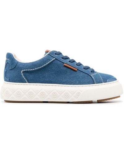 Tory Burch Logo-patch Lace-up Denim Trainers - Blue