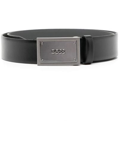 BOSS Logo-emed Reversible Leather Belt - Grey
