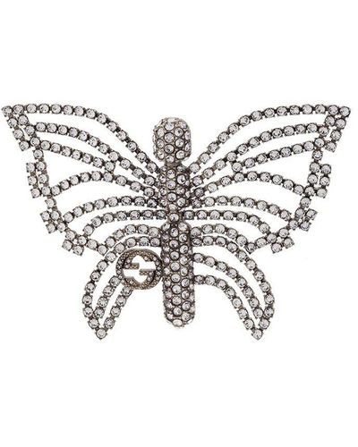 Gucci Butterfly Crystal-embellished Brooch - Metallic