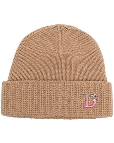 DSquared² Monogram-plaque Knitted Beanie - Natural