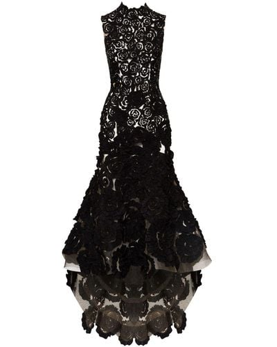 Oscar de la Renta Rosette Embroidered Gown - Black