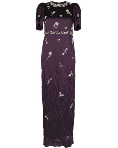 Erdem Floral-embellished Satin Column Gown - Purple