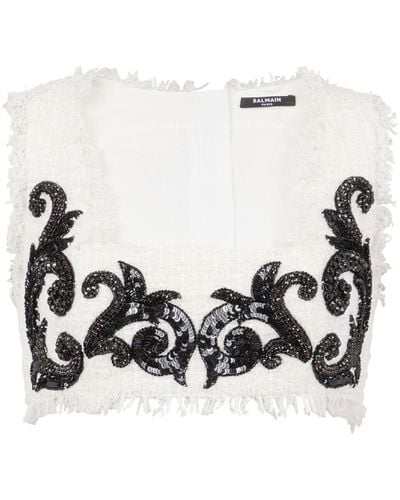 Balmain Baroque Embroidered Tweed Crop Top - White