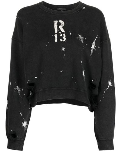 R13 Paint Splatter-print Cropped Sweatshirt - Black