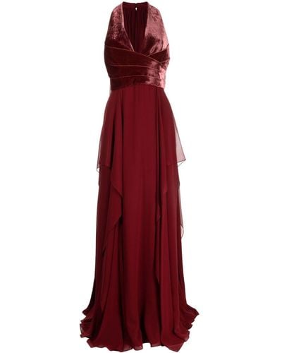 Elie Saab V-neck Velvet Silk Gown - Red