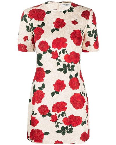 Saint Laurent Rose-print Jacquard Mini Dress - Red