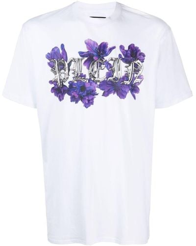 Philipp Plein T-shirt fleuri en coton à logo imprimé - Bleu