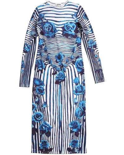 Jean Paul Gaultier Striped Roses Print Midi Dress - Blue