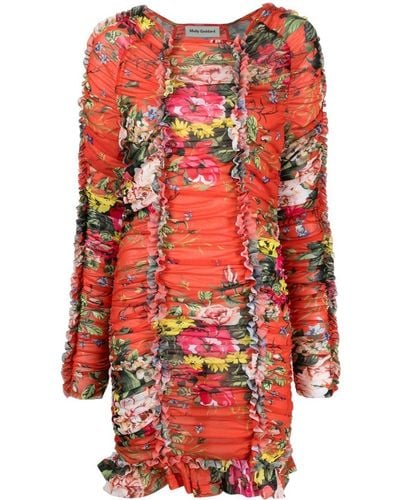 Molly Goddard Gerafftes Minikleid mit Blumen-Print - Rot