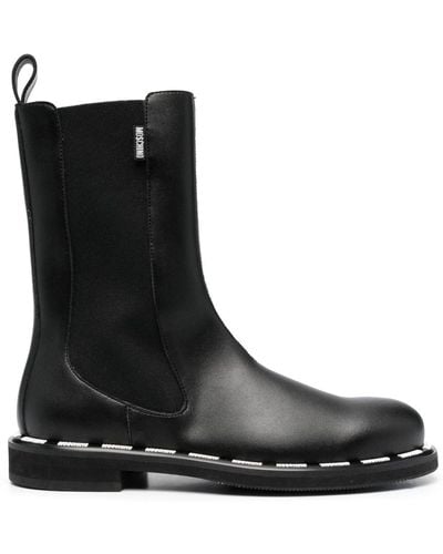 Moschino Logo Print Round-Toe Leather Boots - Black