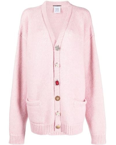 Vetements Crystal-buttons Ribbed-knit Cardigan - Pink