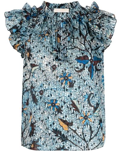 Ulla Johnson Floral-print Short-sleeve Blouse - Blue