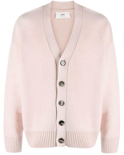 Ami Paris Elbow-patches Merino Wool-blend Cardigan - Pink