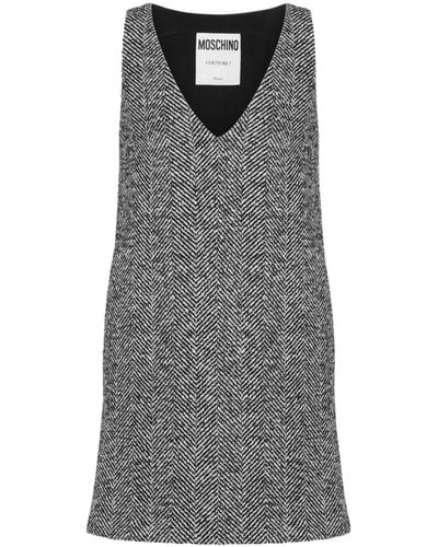 Moschino V-neck Herringbone-pattern Dress - Grey