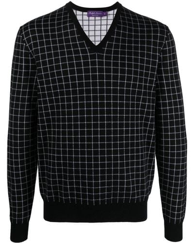 Ralph Lauren Purple Label Checked V-neck Sweater - Black