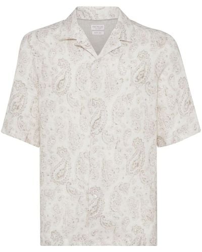 Brunello Cucinelli Leinenhemd mit Paisley-Print - Weiß