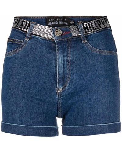 Philipp Plein Jeans-Shorts mit Strass-Logo - Blau