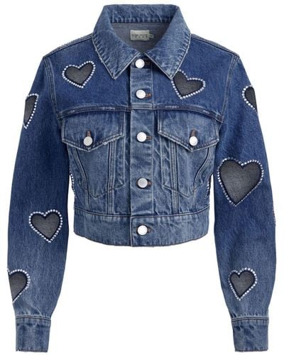 Alice + Olivia Jeff Crystal-embellished Cropped Denim Jacket - Blue