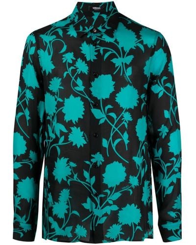 Versace Floral Silhouette-print Silk Shirt - Blue