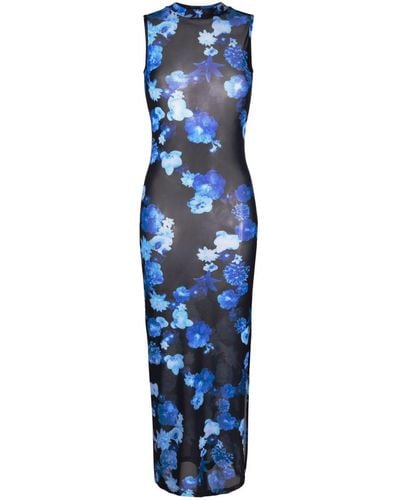 Coperni Floral-print Mesh Maxi Dress - Blue