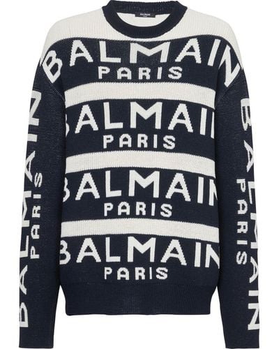 Balmain Crewneck Sweater In Wool With Logo - Blue