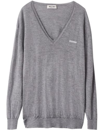 Miu Miu Logo-embroidered Cashmere Sweater - Grey