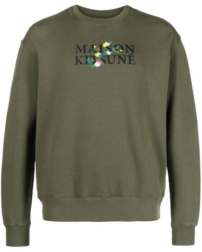 Maison Kitsuné Floral-embroidered Cotton Sweatshirt - Green