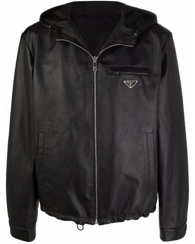 Prada Logo-plaque Hooded Leather Jacket - Black