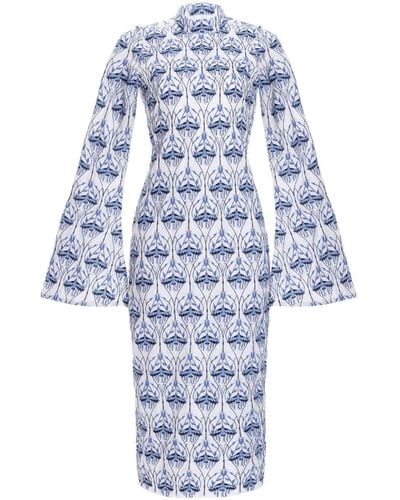 Agua Bendita Marie Linen Embroidered Midi Dress - Blue