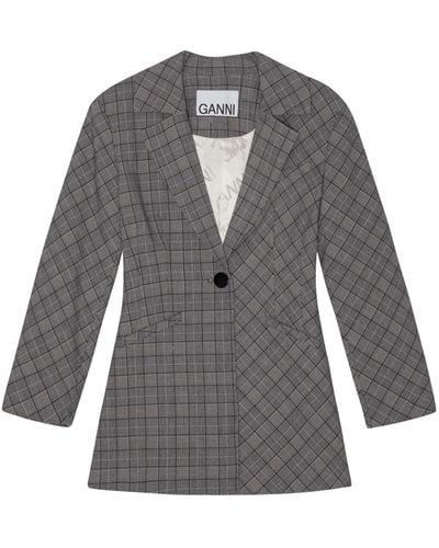 Ganni Einreihiger Check Mix Blazer - Grau