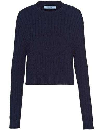 Prada Logo-intarsia Cable-knit Sweater - Blue