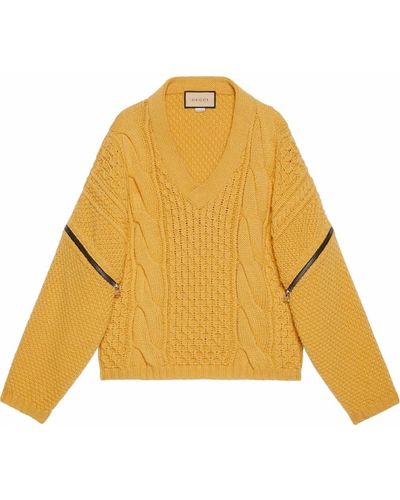 Gucci V-neck Cable-knit Wool Sweater - Yellow
