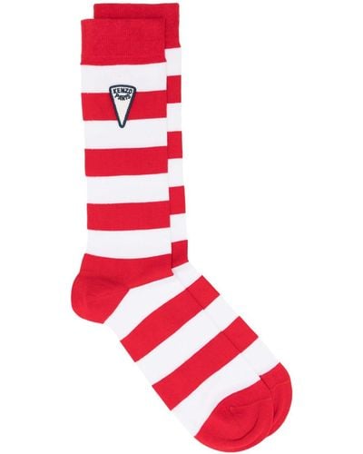 KENZO Chaussettes rayées à patch logo - Rouge