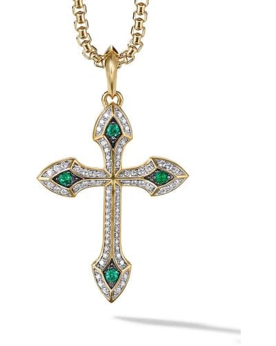David Yurman 18kt Yellow Gold Gothic Diamond And Emerald Cross Pendant - Metallic