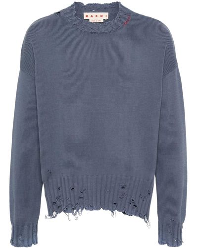 Marni Distressed Logo-embroidered Sweater - Blue