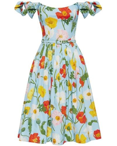 Oscar de la Renta Painted Poppies-print Cotton Midi Dress - Blue