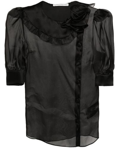 Alessandra Rich Floral-appliqué Silk Blouse - Black