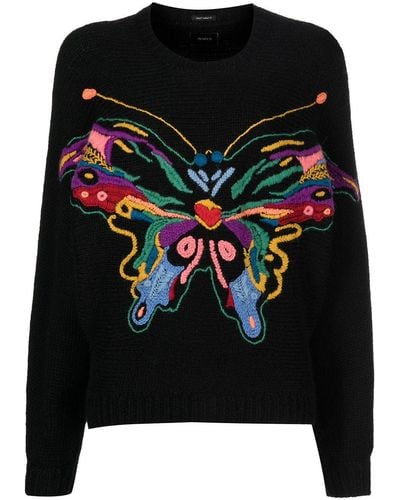 Mother Embroidered-butterfly Batwing Sweater - Black