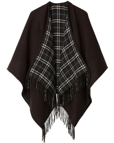 Burberry Fringed Reversible Wool Cape - Black